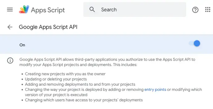 Google Apps Script API settings
