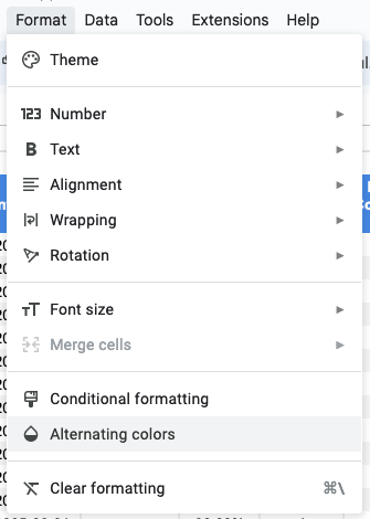 Alternating colors menu item in Google Sheets Alternating colors menu item in Google Sheets