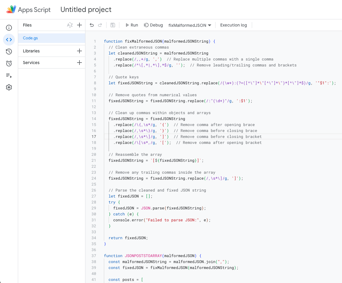 Google Sheets Apps Script editor with the two functions Google Sheets Apps Script editor with the two functions