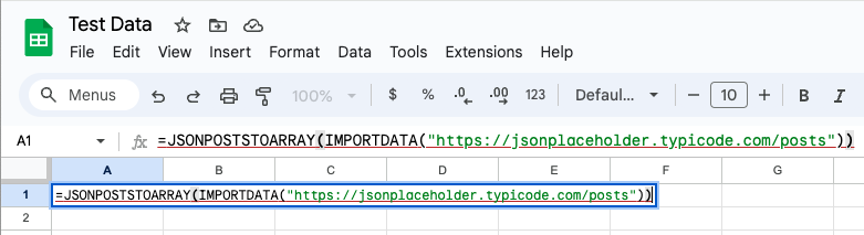 Google Sheets with the JSONPOSTSTOARRAY function in cell A1 Google Sheets with the JSONPOSTSTOARRAY function in cell A1