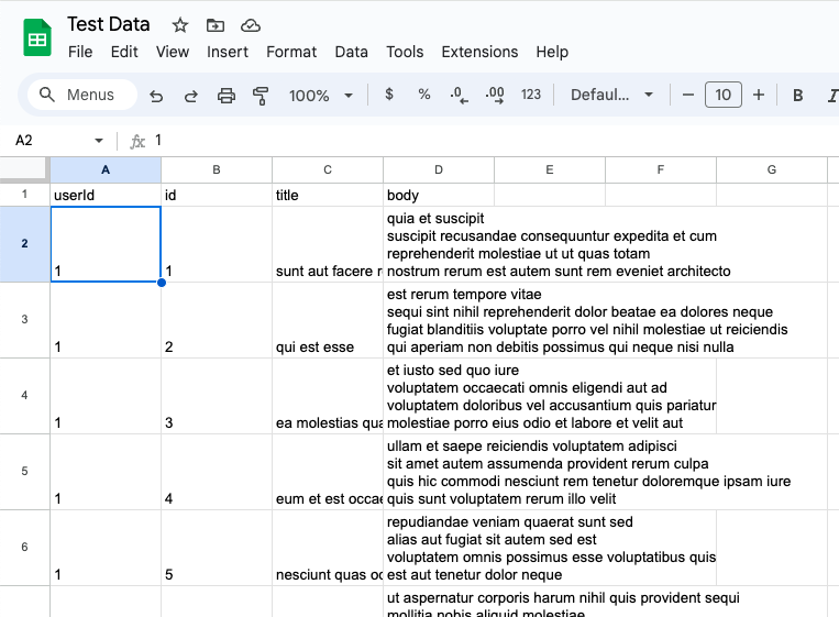Google Sheets with the JSON data from the API Google Sheets with the JSON data from the API
